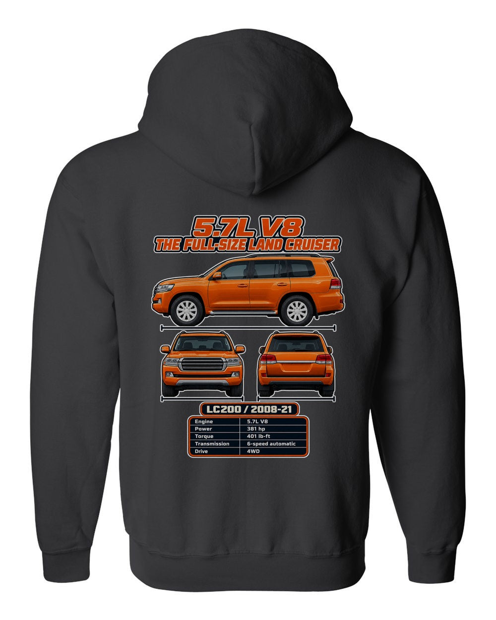Toyota Land Cruiser 200 spec sheet black zip hoodie back view with the design