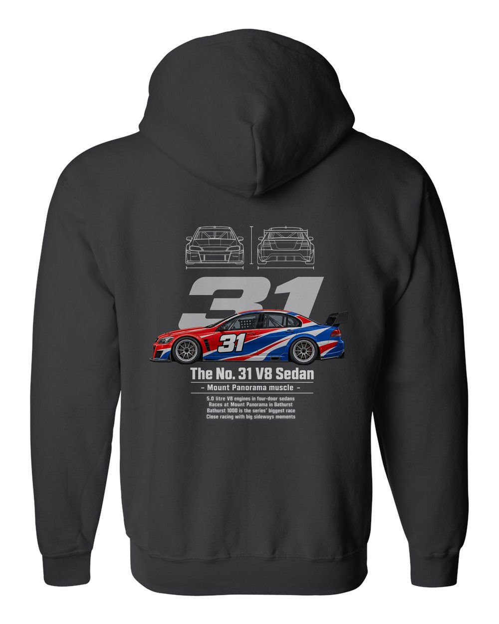 No. 31 V8 Sedan black zip hoodie back view with the design