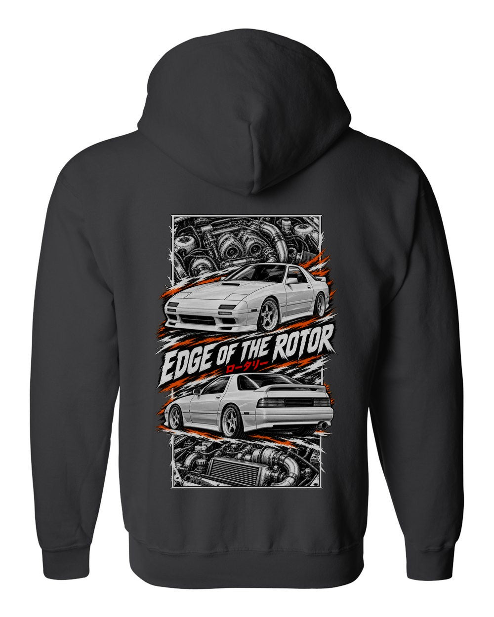 Mazda RX-7 Fc3S torn poster black zip hoodie back view with the design