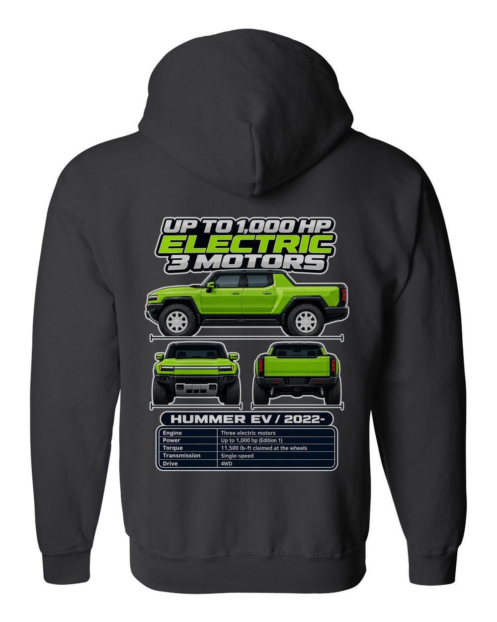 GMC Hummer Ev spec sheet black zip hoodie back view with the design