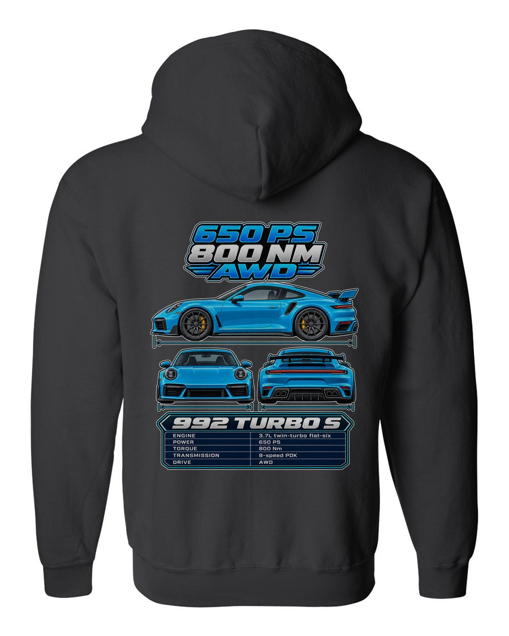 Porsche 911 Turbo S 992 spec sheet black zip hoodie back view with the design