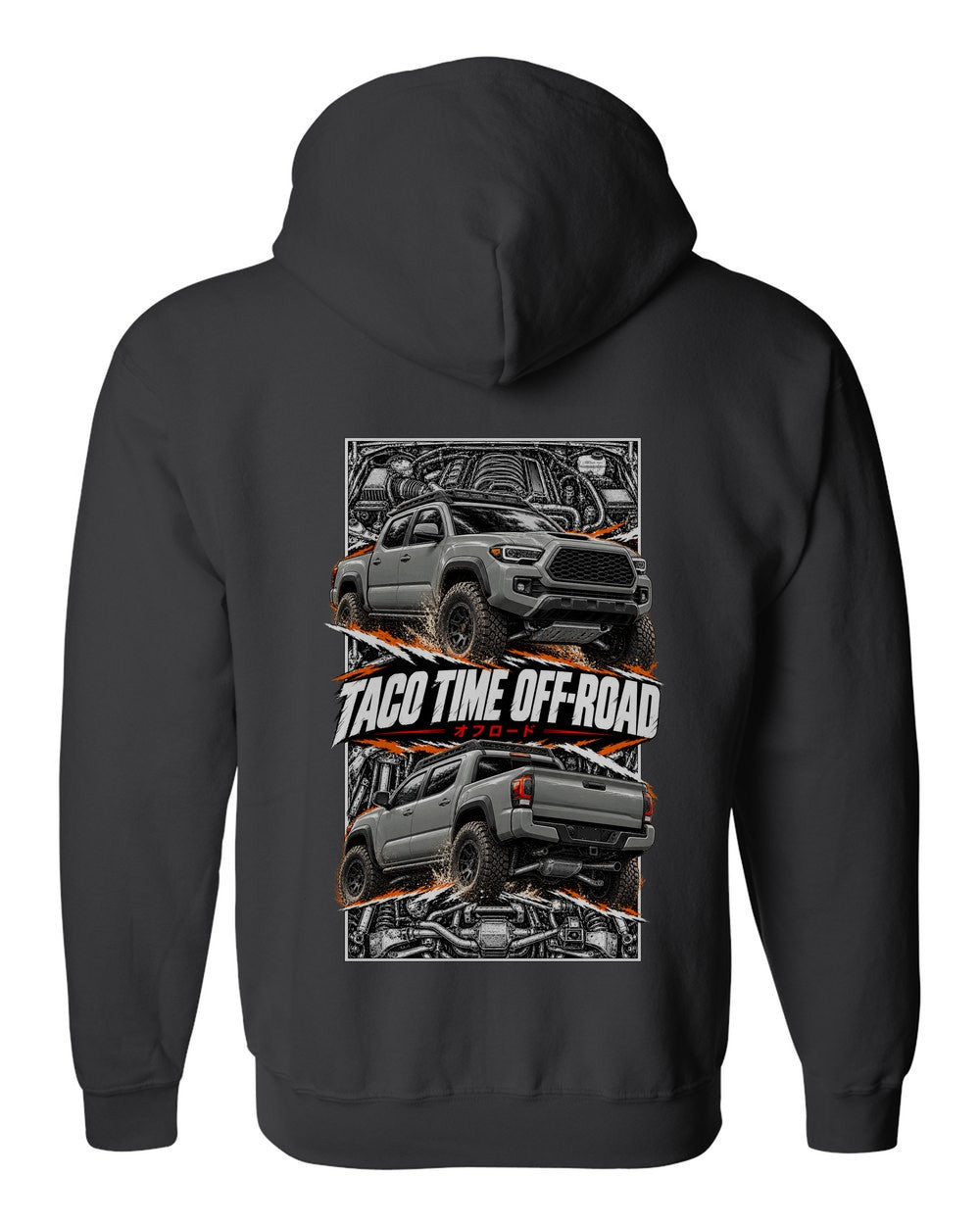 Toyota Tacoma TRD torn poster black zip hoodie back view with the design