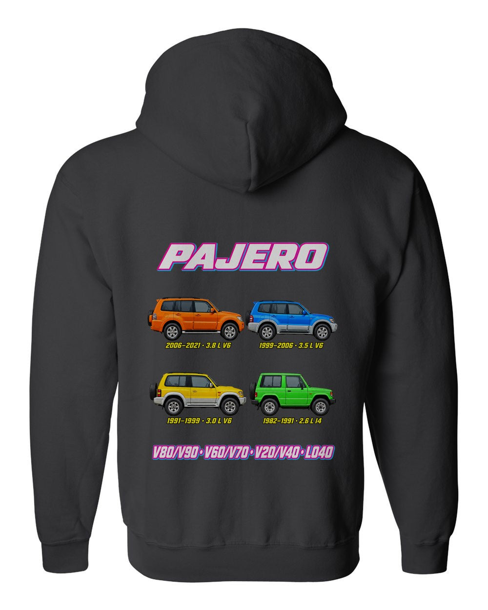 Mitsubishi Pajero evolution poster black zip hoodie back view with the design