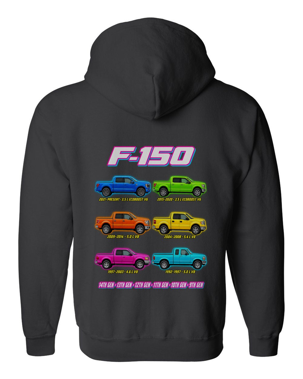 Ford F-150 evolution poster black zip hoodie back view with the design