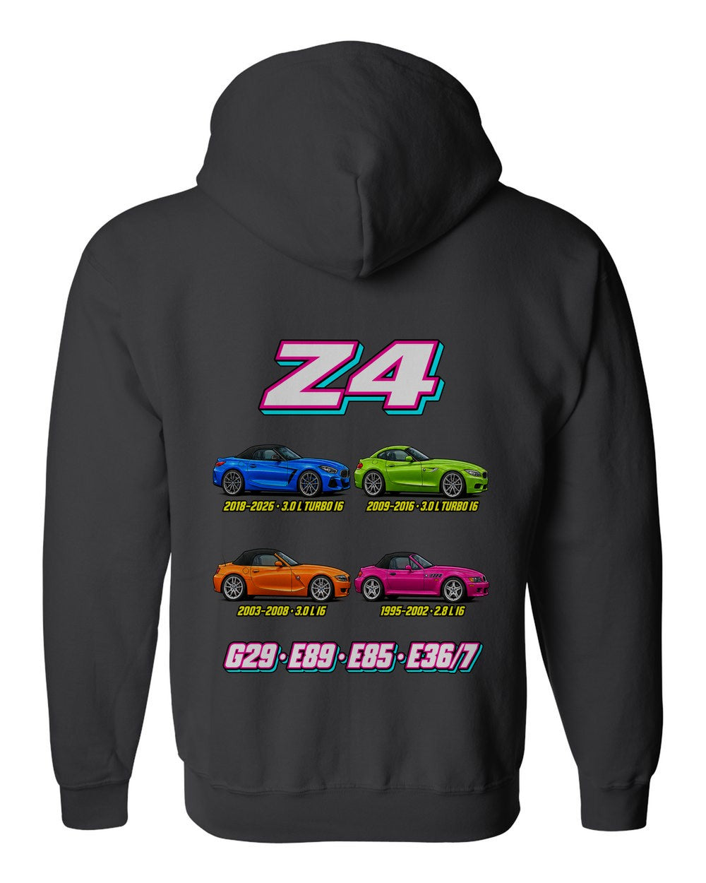 BMW Z evolution poster black zip hoodie back view with the design