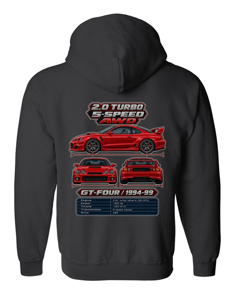 Toyota Celica Gt Four St205 spec sheet black zip hoodie back view with the design