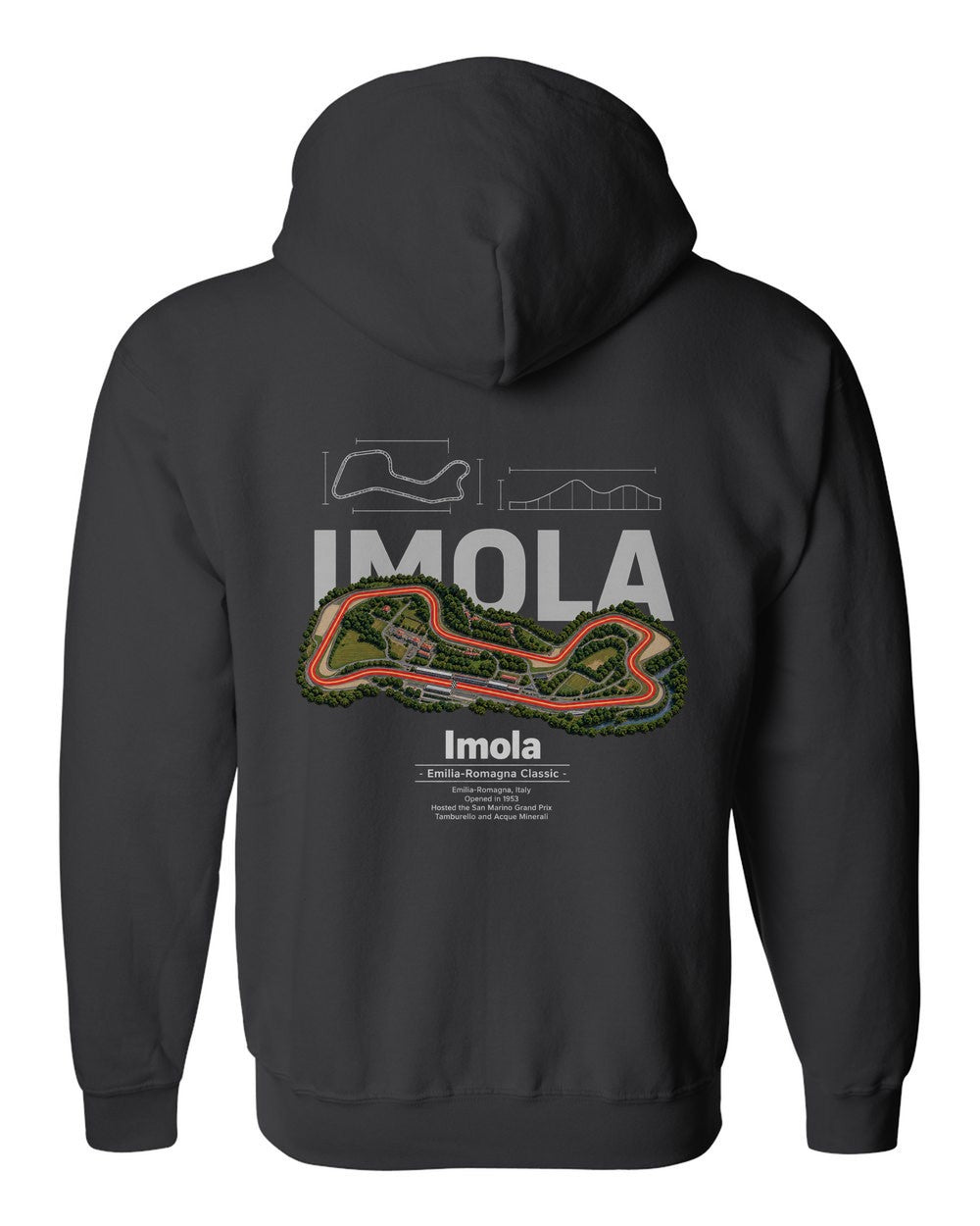 Imola black zip hoodie back view with the design
