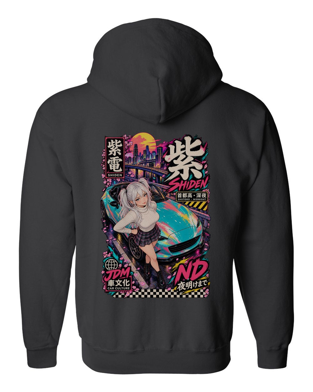 SHIDEN ND full-back artwork black zip hoodie back view with the design
