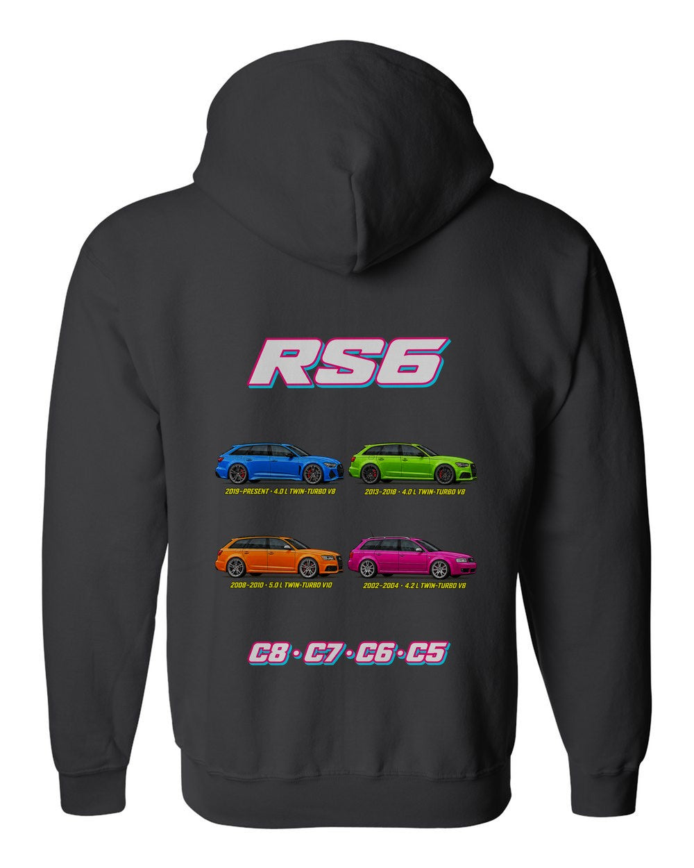 Audi RS6 evolution poster black zip hoodie back view with the design