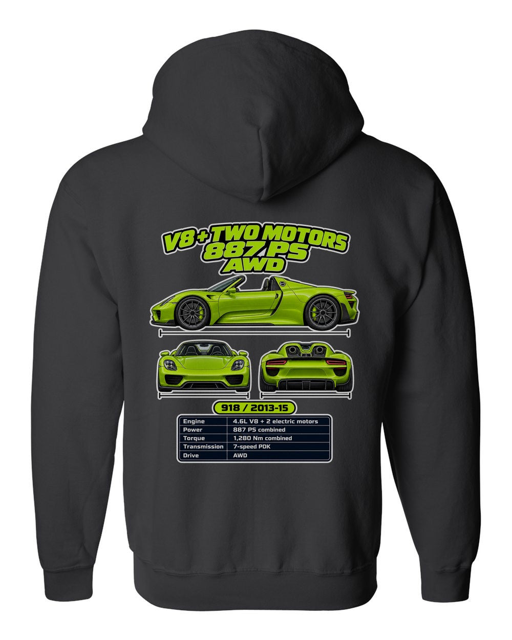 Porsche 918 Spyder spec sheet black zip hoodie back view with the design