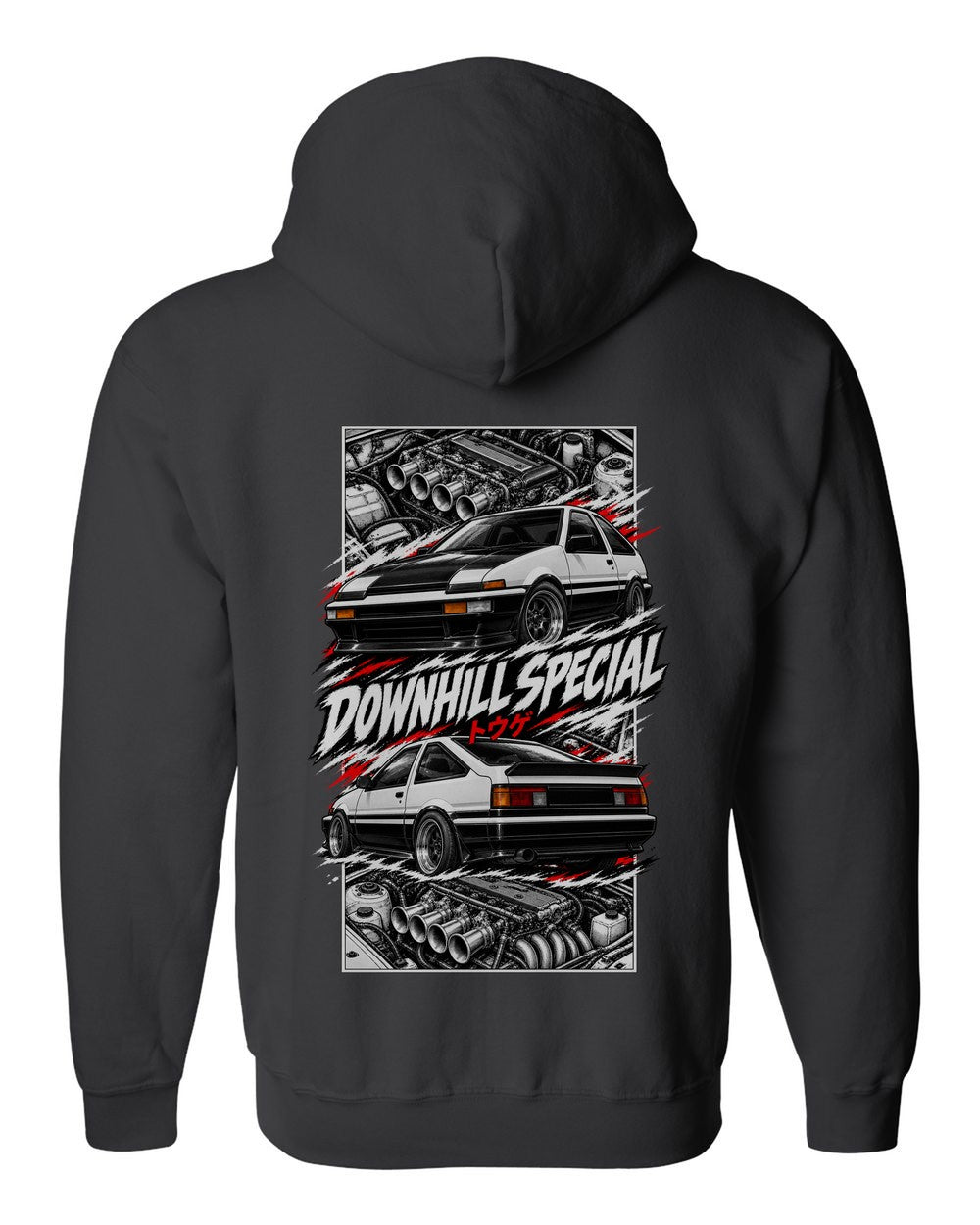 Toyota Ae86 torn poster black zip hoodie back view with the design
