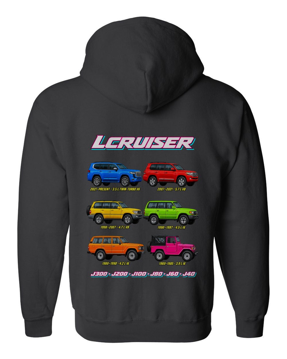 Toyota Land Cruiser evolution poster black zip hoodie back view with the design