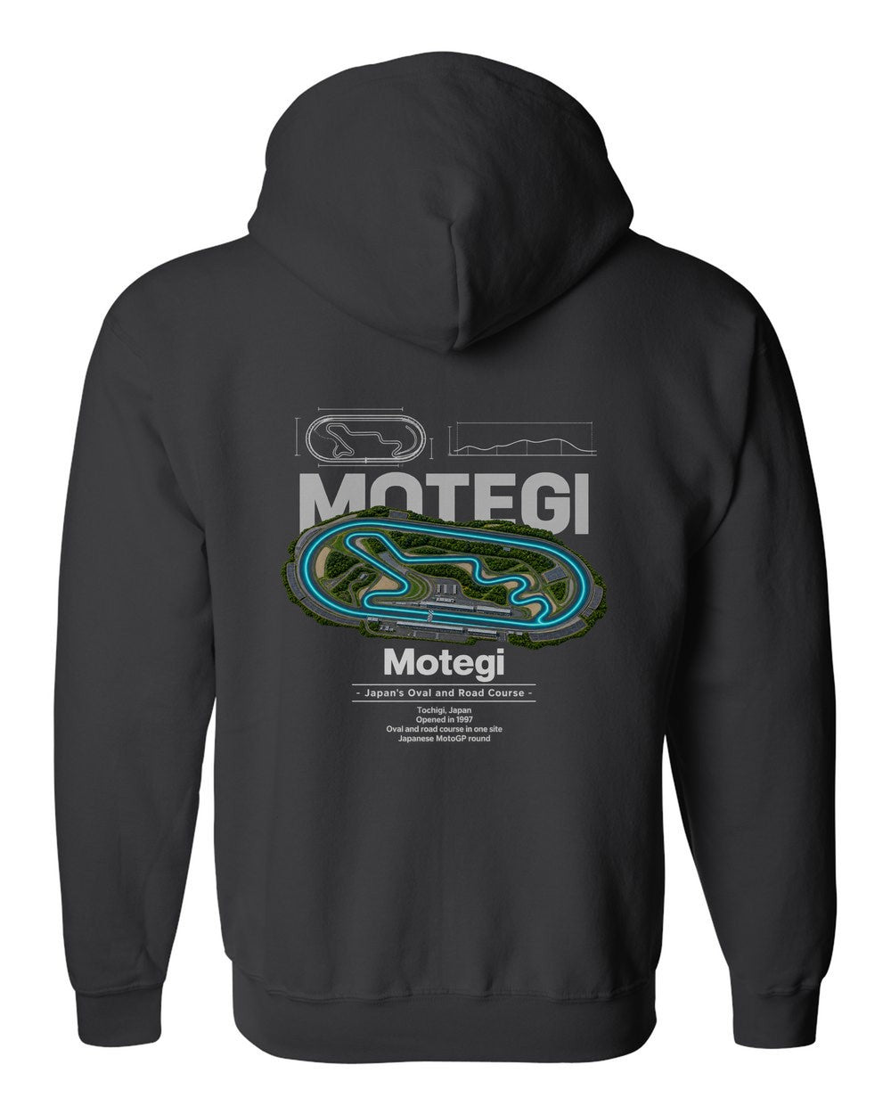 Motegi black zip hoodie back view with the design