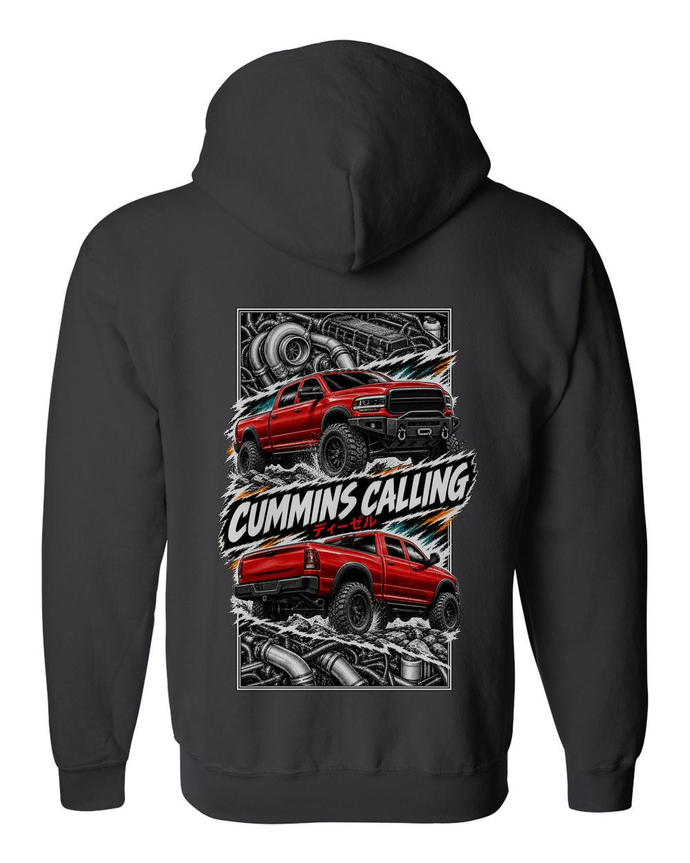 RAM Cummins torn poster black zip hoodie back view with the design
