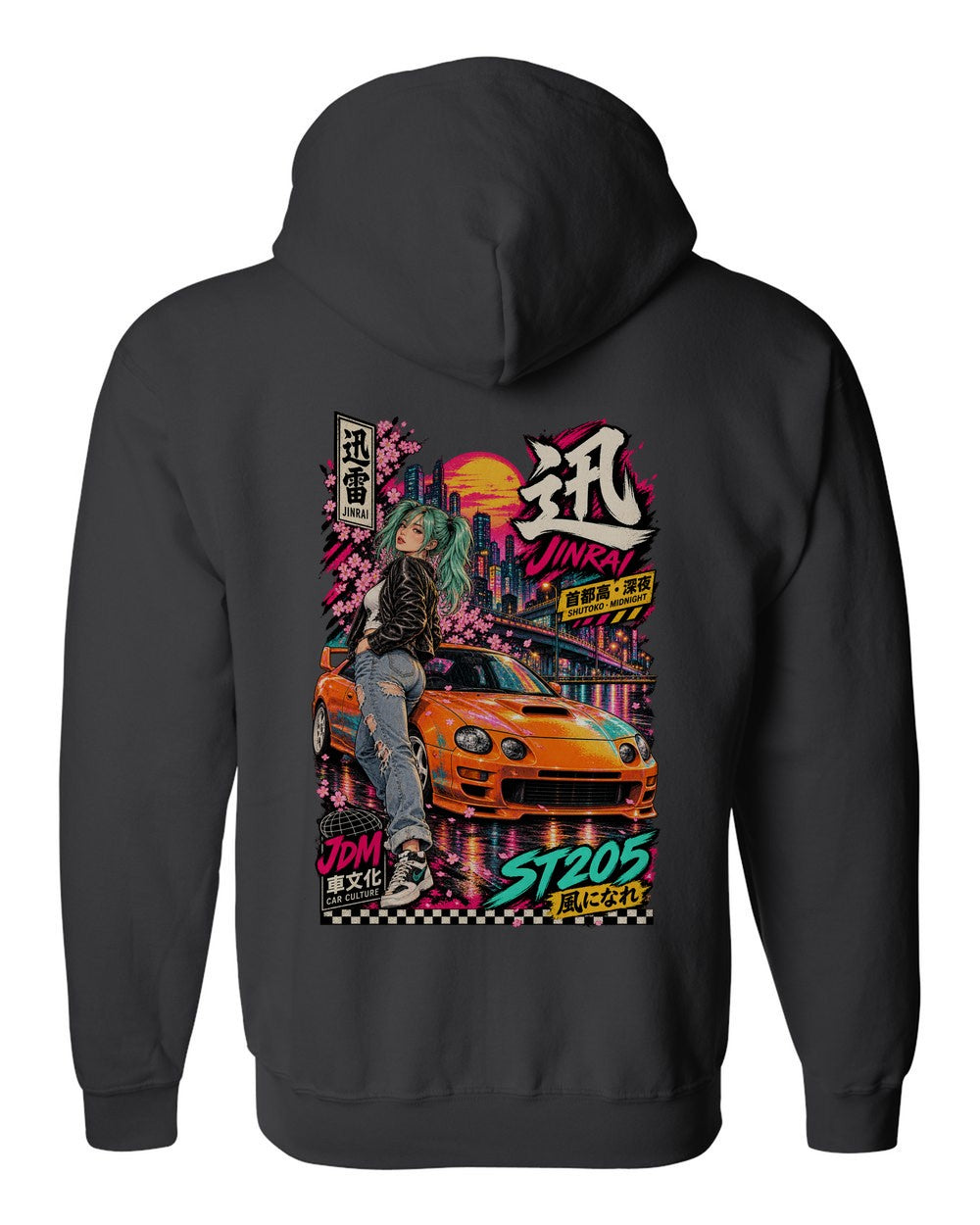 JINRAI ST205 full-back artwork black zip hoodie back view with the design
