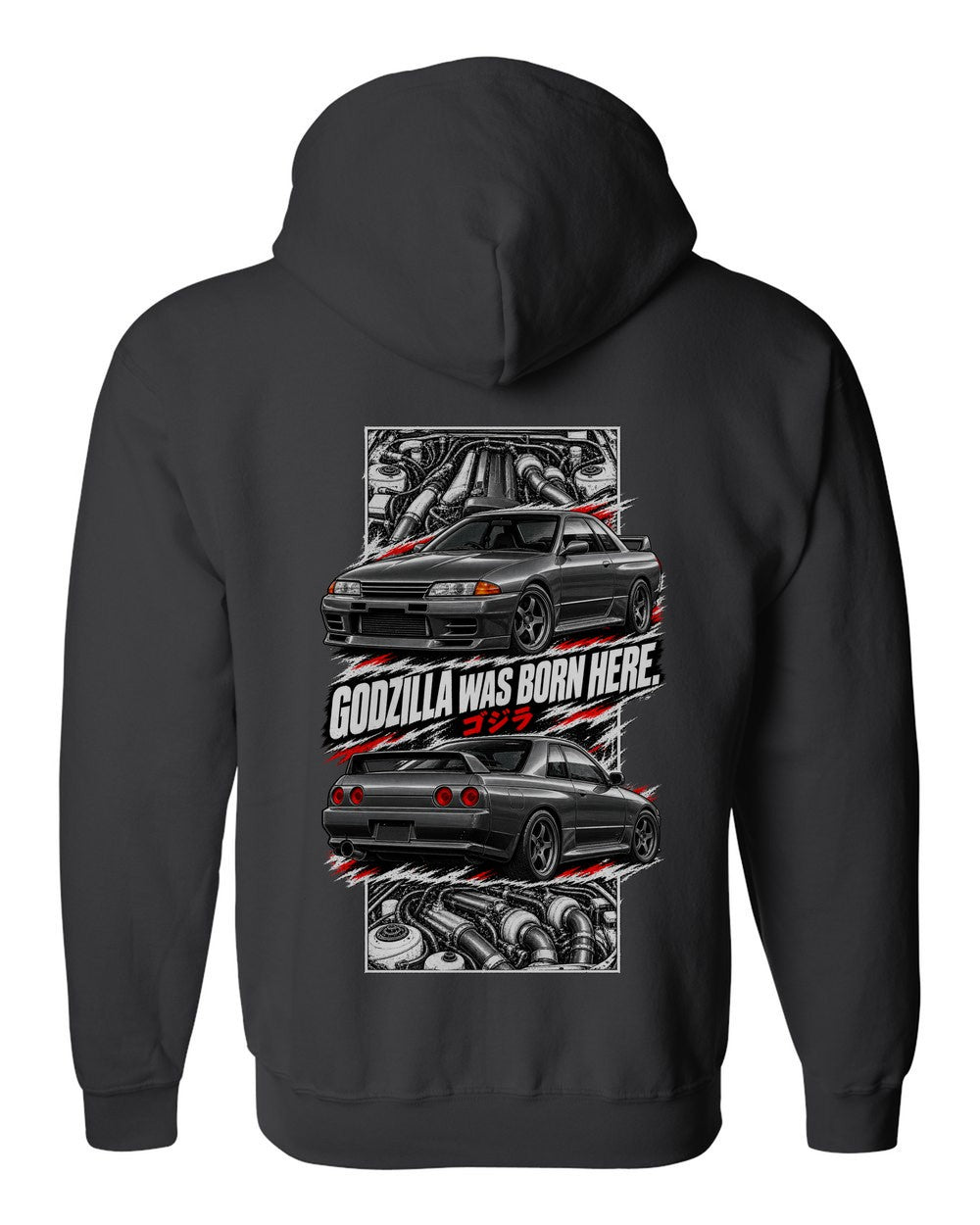 Nissan Skyline GT-R R32 torn poster black zip hoodie back view with the design