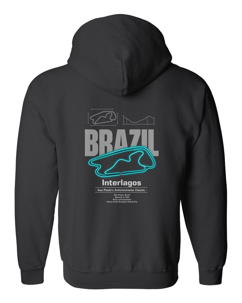 Interlagos black zip hoodie back view with the design