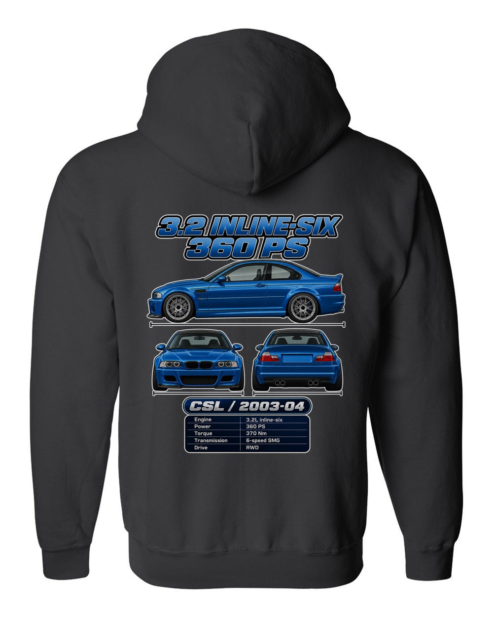 BMW M3 Csl E46 spec sheet black zip hoodie back view with the design