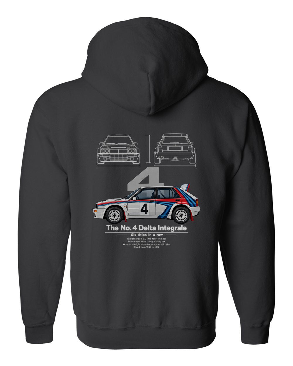 No. 4 Delta Integrale black zip hoodie back view with the design