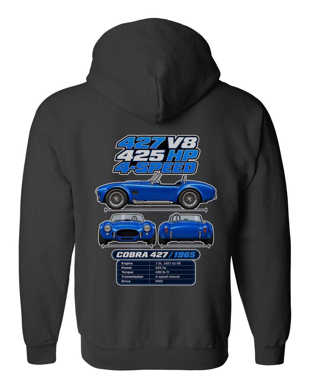 Shelby Cobra 427 spec sheet black zip hoodie back view with the design