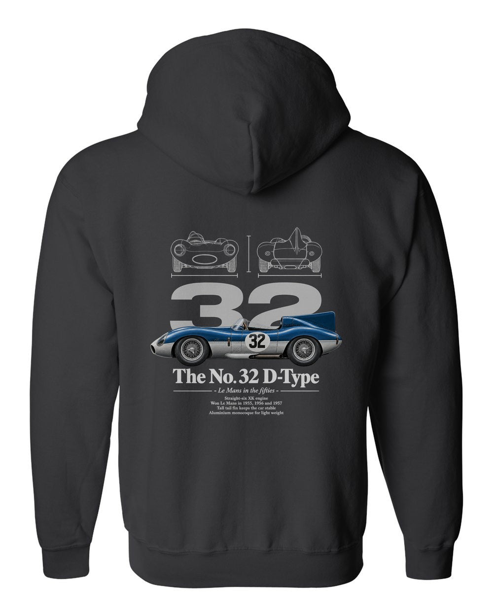 No. 32 D-Type black zip hoodie back view with the design