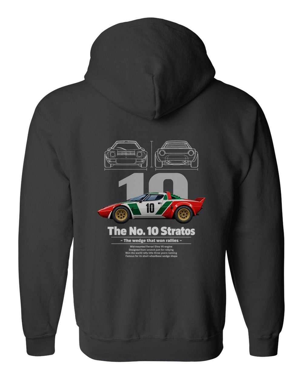 No. 10 Stratos black zip hoodie back view with the design