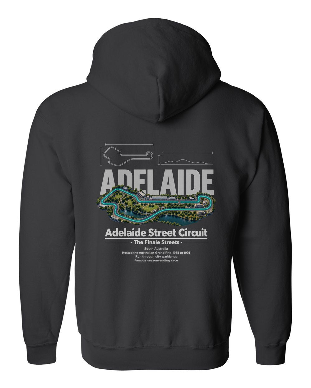 Adelaide Street Circuit black zip hoodie back view with the design