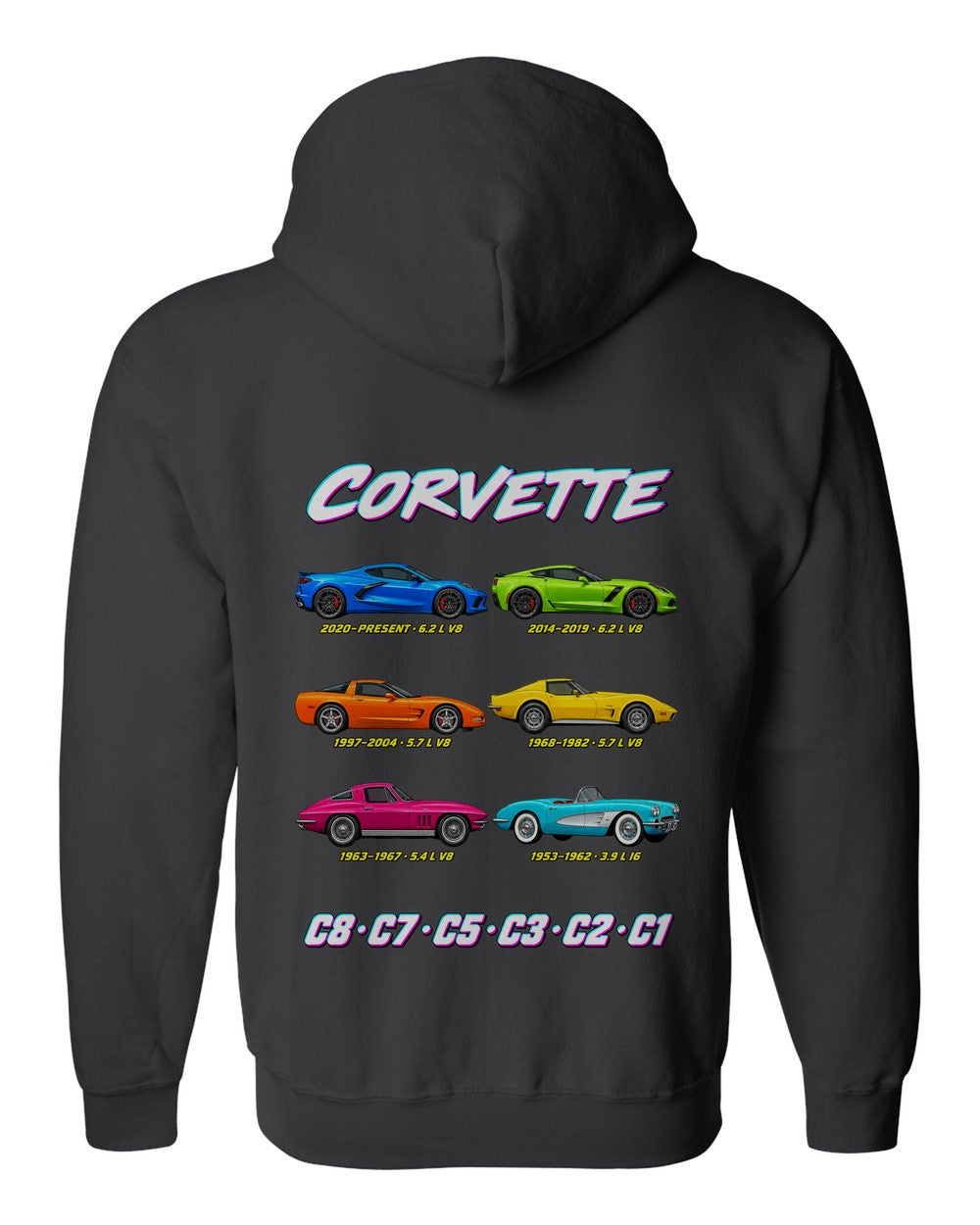 Chevy Corvette evolution poster black zip hoodie back view with the design