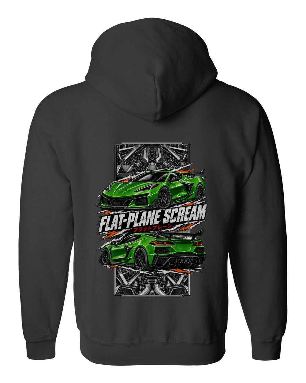 Corvette C8 Z06 torn poster black zip hoodie back view with the design