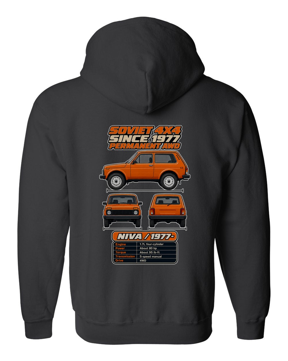 Lada Niva spec sheet black zip hoodie back view with the design