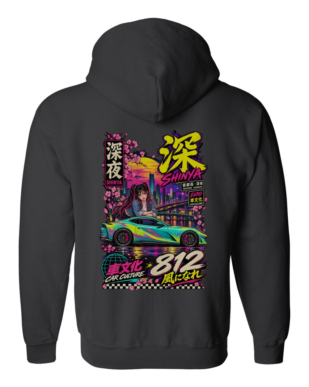 SHINYA 812 full-back artwork black zip hoodie back view with the design