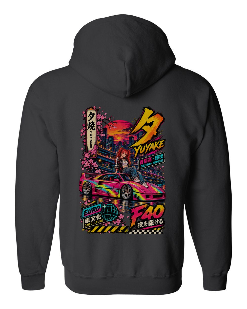 YUYAKE F40 full-back artwork black zip hoodie back view with the design