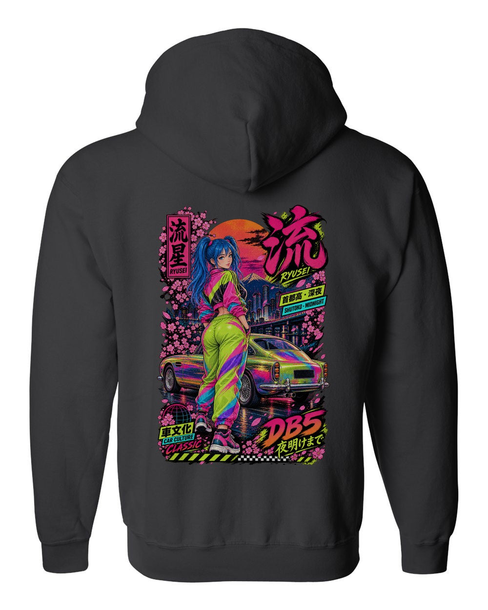 RYUSEI DB5 full-back artwork black zip hoodie back view with the design