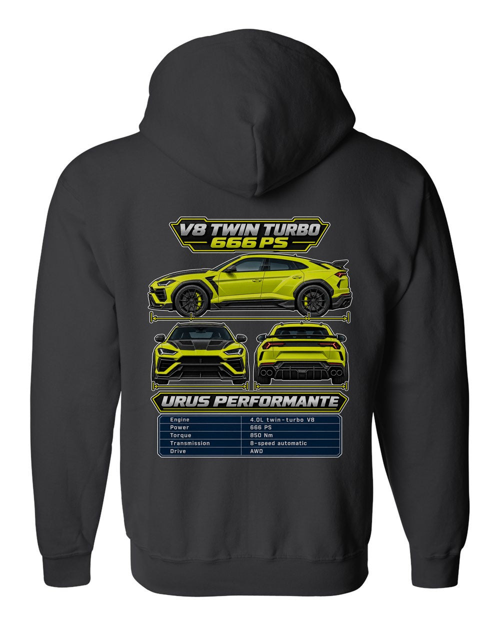 Lamborghini Urus Performante spec sheet black zip hoodie back view with the design