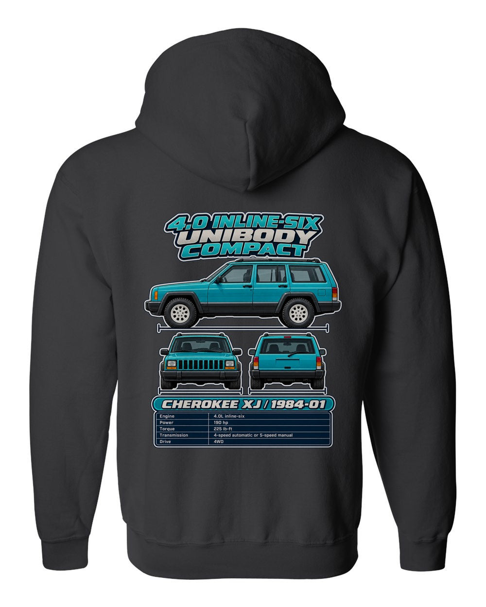 Jeep Cherokee Xj spec sheet black zip hoodie back view with the design