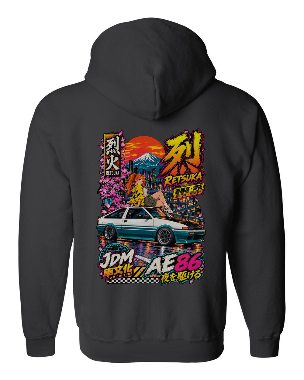 RETSUKA AE86 full-back artwork black zip hoodie back view with the design