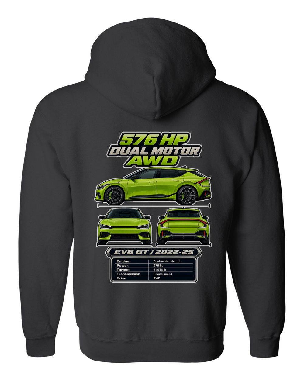 Kia Ev6 Gt spec sheet black zip hoodie back view with the design