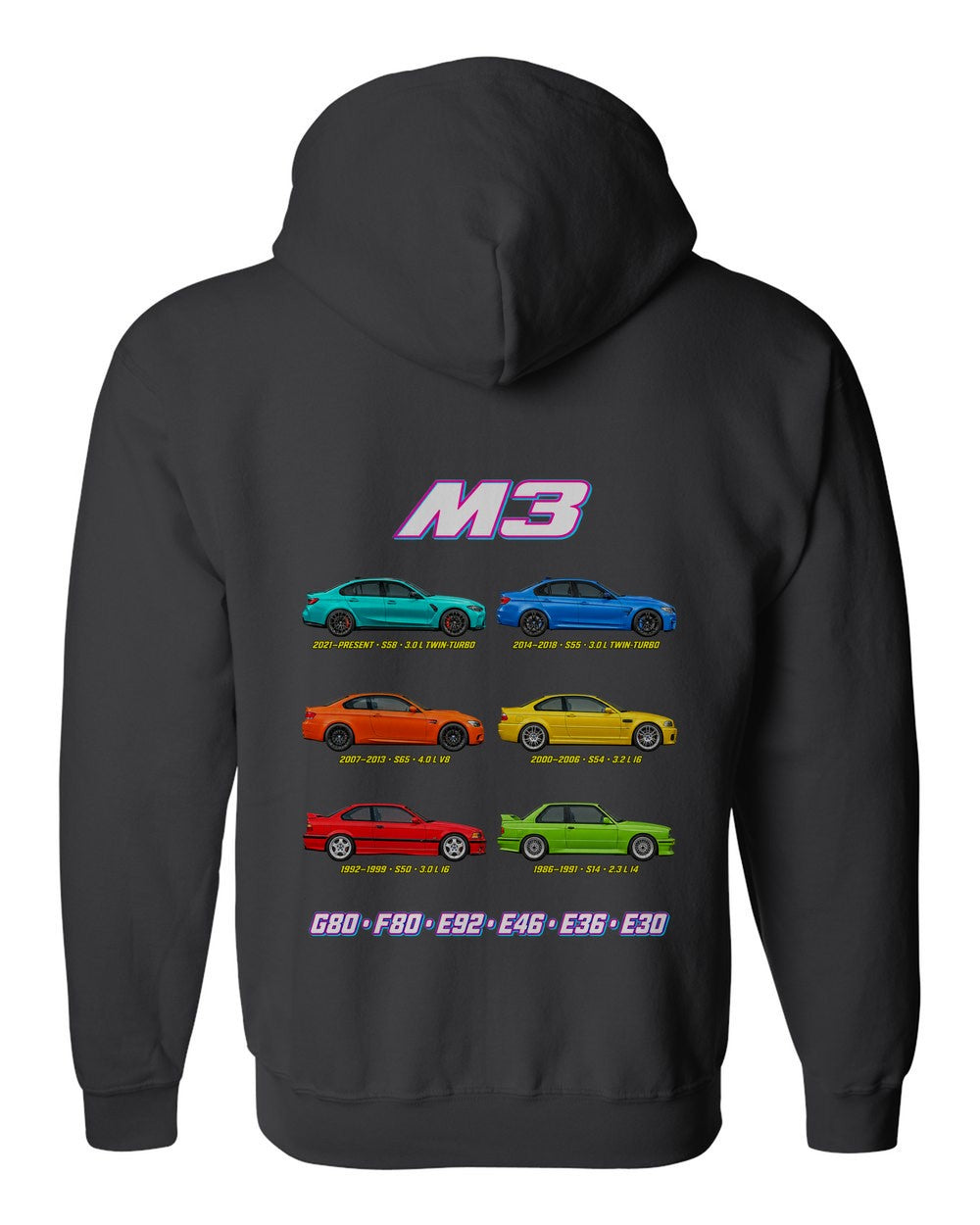 M3 evolution poster black zip hoodie back view with the design