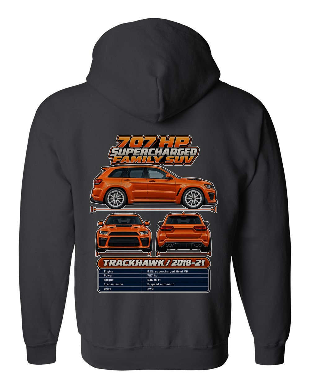 Jeep Grand Cherokee Trackhawk spec sheet black zip hoodie back view with the design