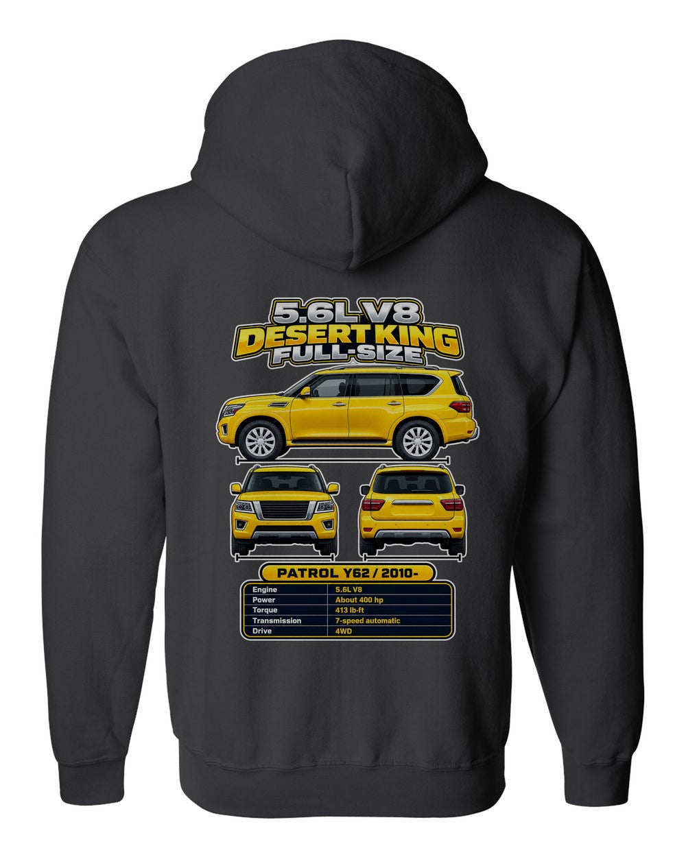 Nissan Patrol Y62 spec sheet black zip hoodie back view with the design