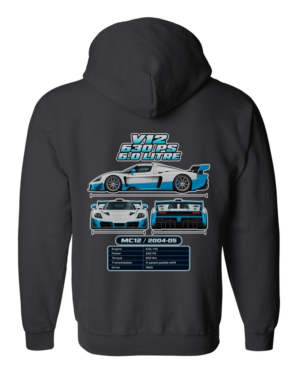 Maserati Mc12 spec sheet black zip hoodie back view with the design