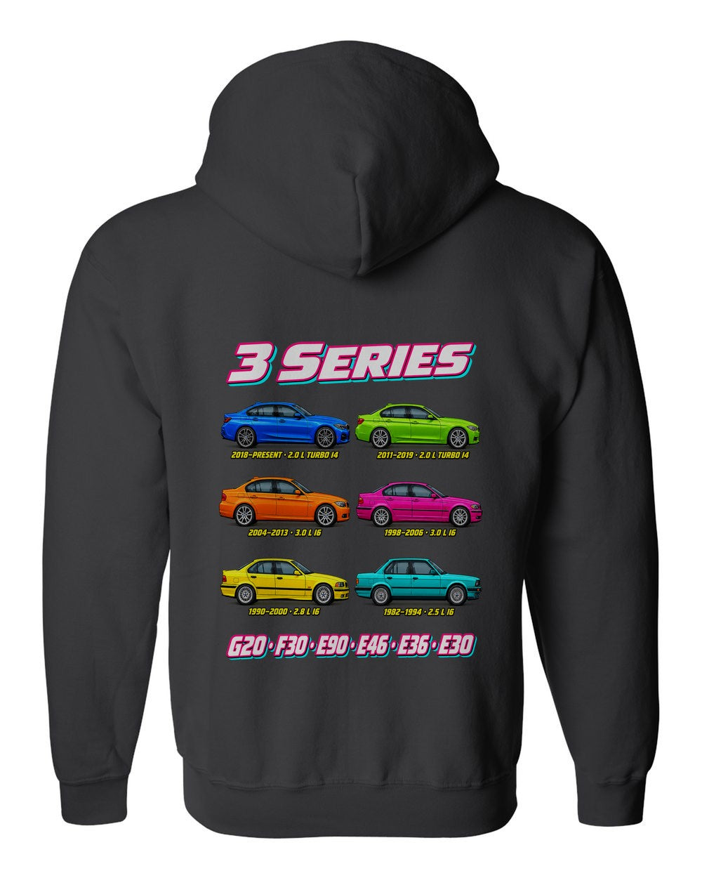 BMW 3 Series evolution poster black zip hoodie back view with the design