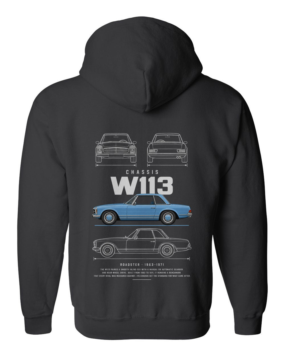 W113 full-back artwork black zip hoodie back view with the design