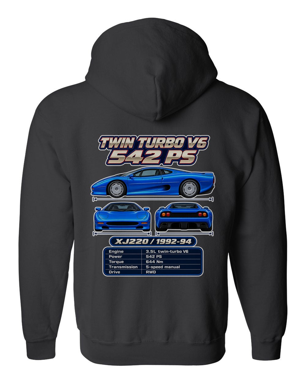 Jaguar Xj220 spec sheet black zip hoodie back view with the design
