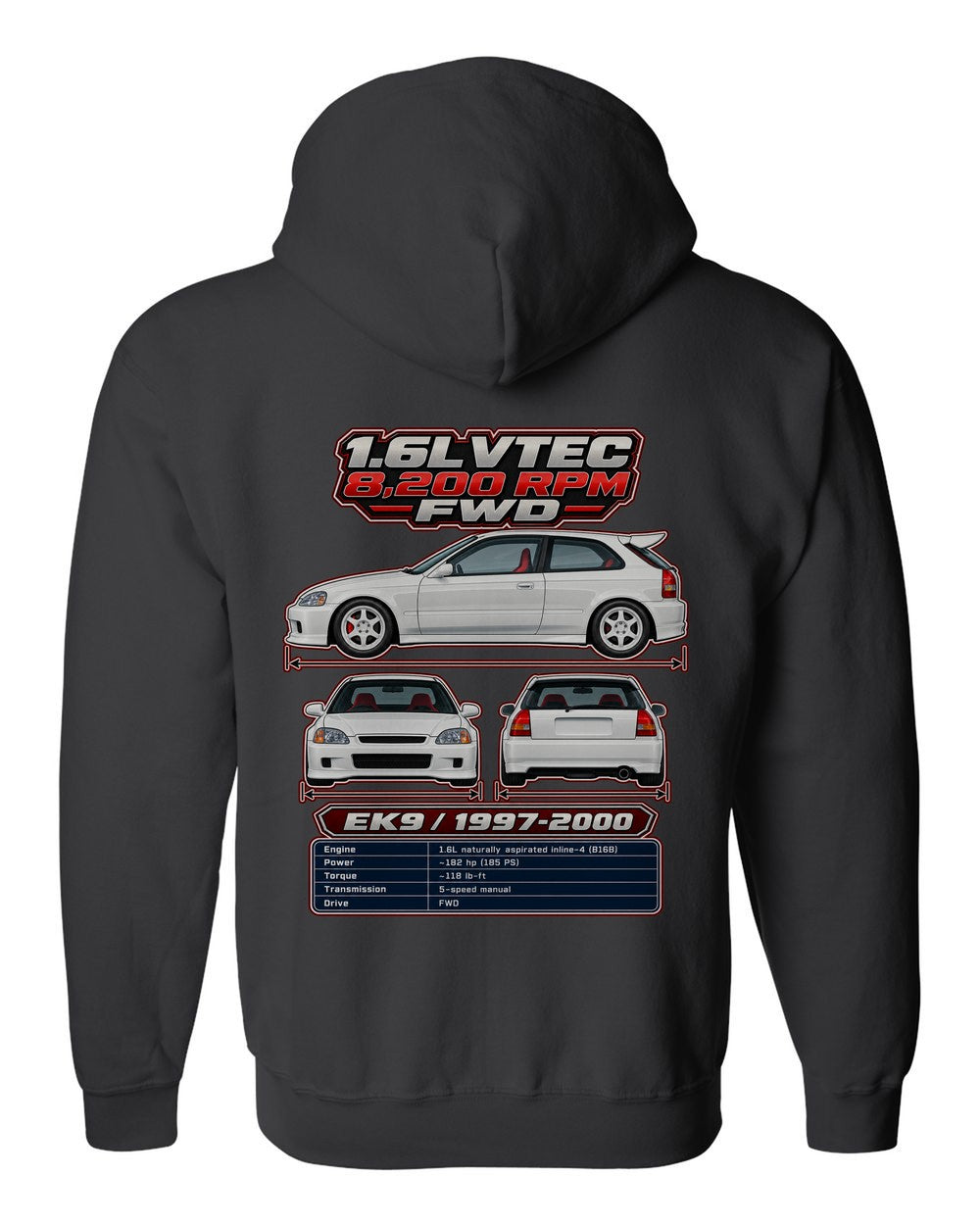 Honda Civic Type R Ek9 spec sheet black zip hoodie back view with the design