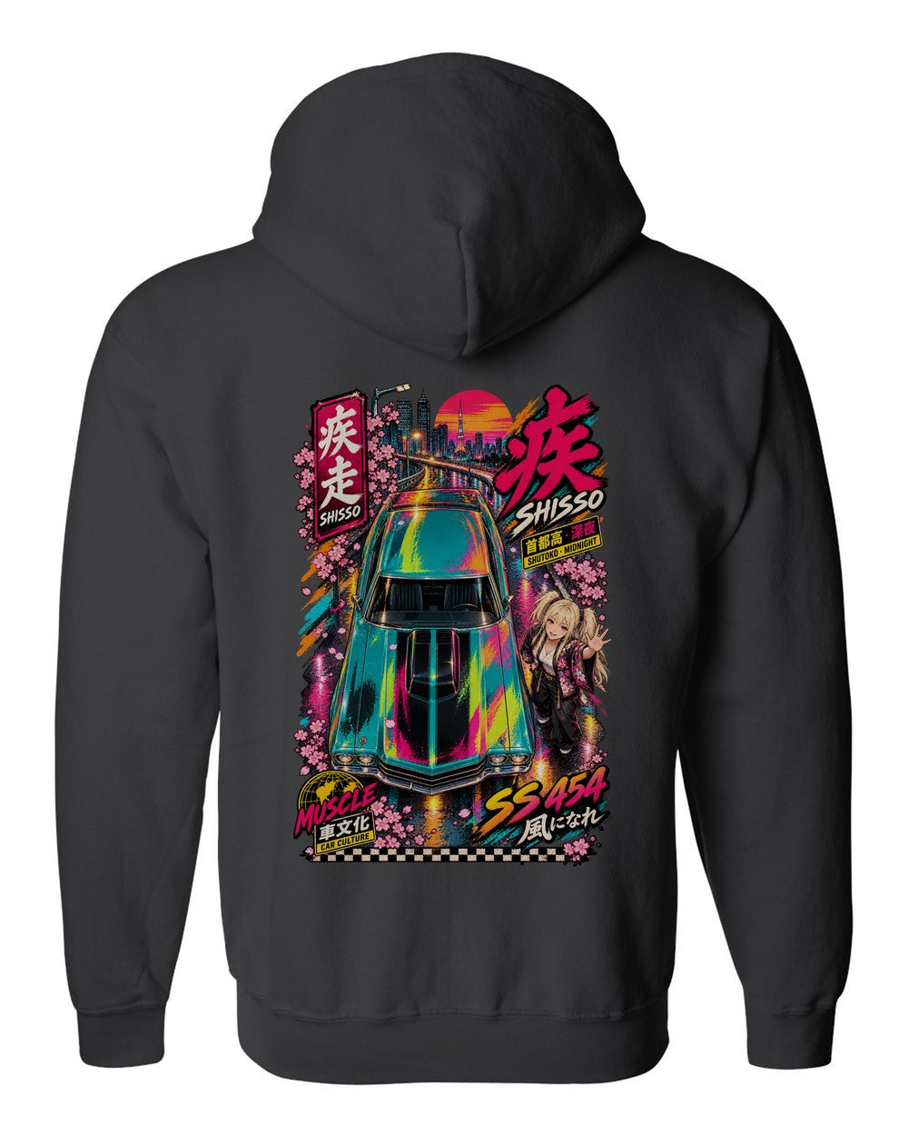 SHISSO SS 454 full-back artwork black zip hoodie back view with the design