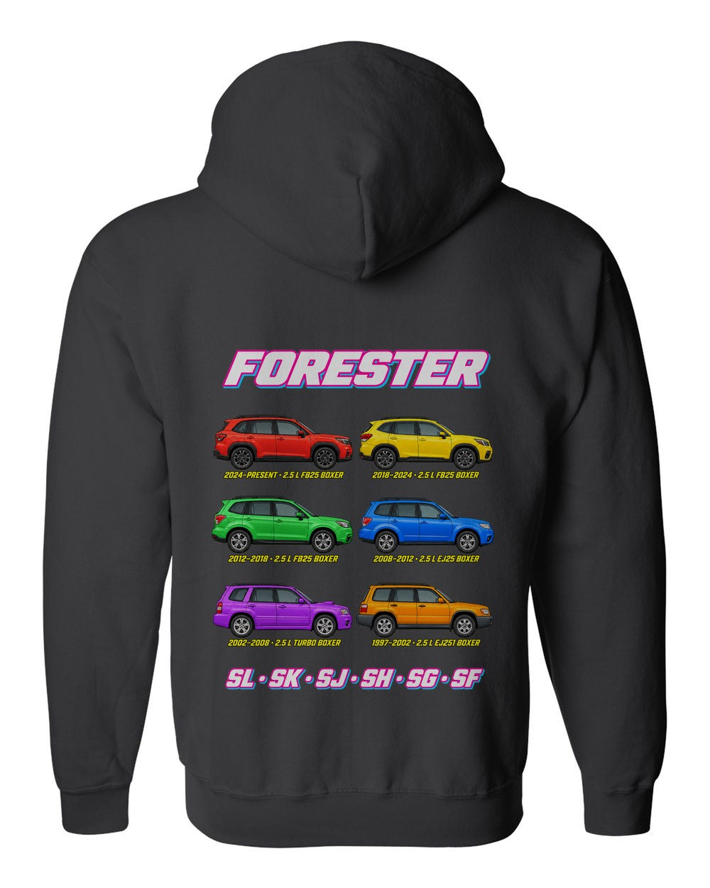 Subaru Forester evolution poster black zip hoodie back view with the design