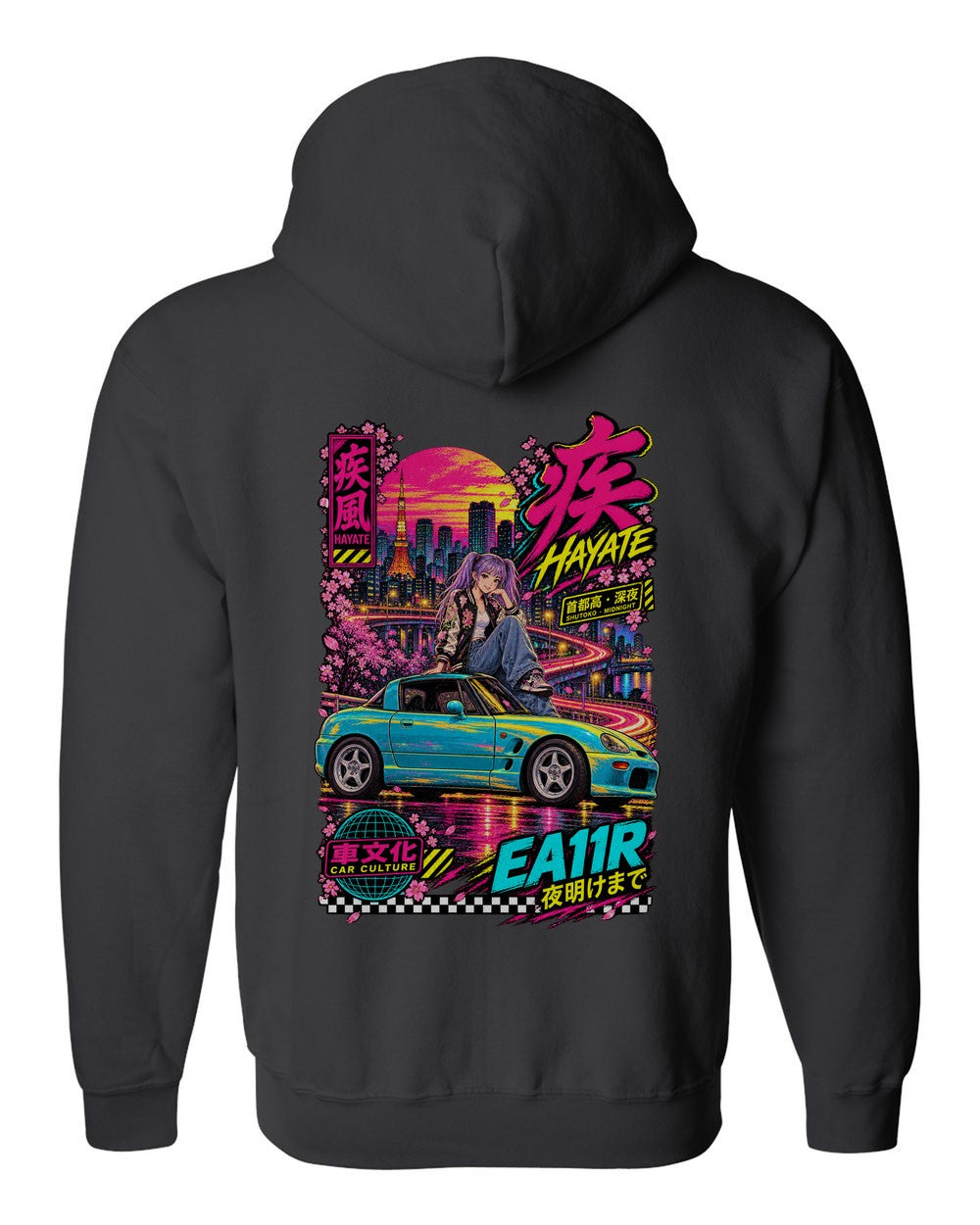 HAYATE EA11R full-back artwork black zip hoodie back view with the design