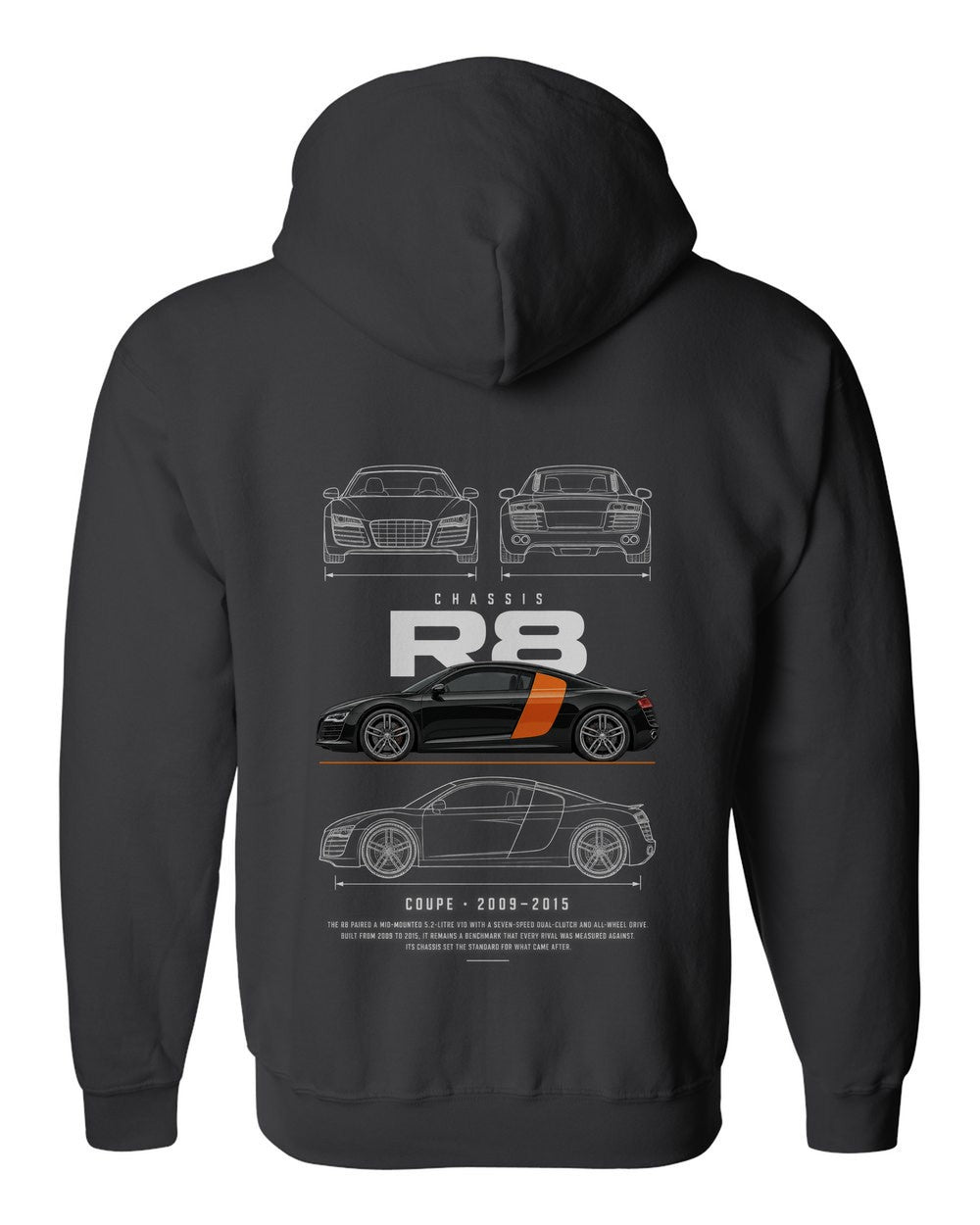 R8 full-back artwork black zip hoodie back view with the design