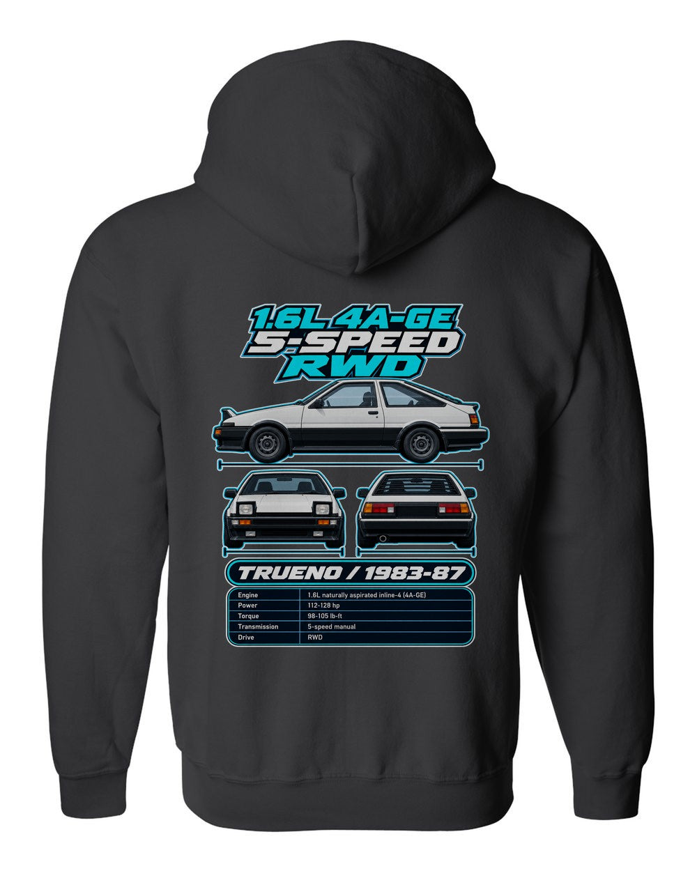 Toyota Ae86 Sprinter Trueno spec sheet black zip hoodie back view with the design